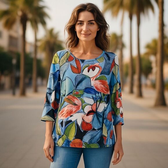 Chico's Colorful Tropical Print Knit top, Size Medium - Picture 1 of 9